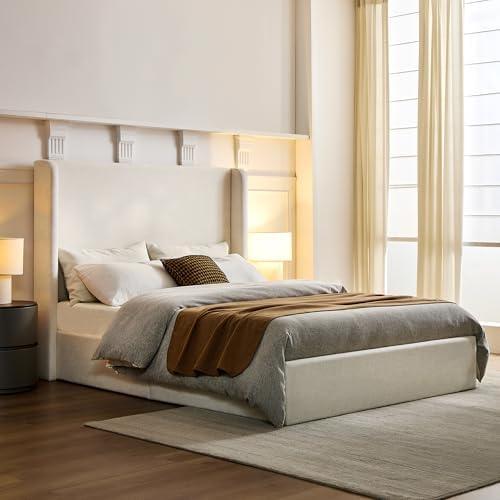 King 52.3" Tall Headboard Carmen Wingback Upholstered Platform Bed Frame Premium Textured Canvas Chenille Elegant Simplicity for Bedroom No Box Spring Needed Easy Assembly No Noise Ivory