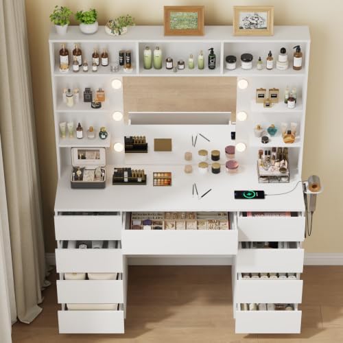Vanity Desk with Mirror and Lights,43" Makeup Vanity Table with 9 Drawers and 7 Storage Shelves, Power Outlet & Adjustable LED Lights, Dressing Table for Bedroom,White