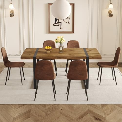 7 Piece Dining Table Set,Dinner Table Set for 6,71'' Dark Wood Kitchen Table and Suede Nap Fabic Chairs Set of 6,6 Chair Dining Table Set for Kitchen Dining Room