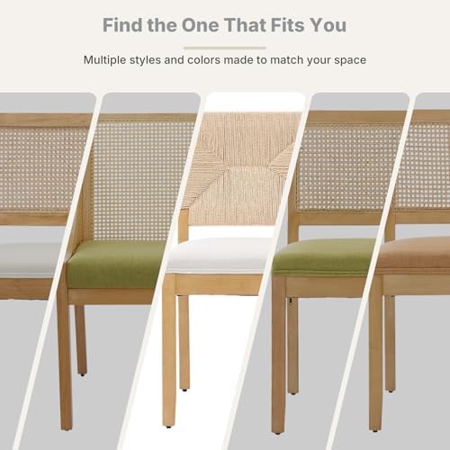 Boho Mid Century Modern Dining Chairs Set of 6, Rattan Dinning Chair with a Square Back, Warm Beige Cane Dining Chair, Linen Upholstered Kitchen and Dining Room Chairs, Sillas para Comedor