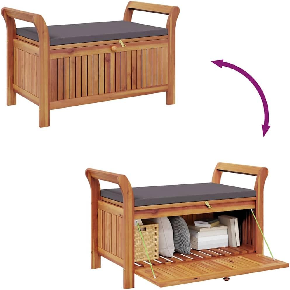 Outdoor Storage Bench with Cushion, Acacia Wood Garden Entryway Seating with Ample Interior Storage Space, 35.8-inch Deck Box Seat for Patio Porch Backyard