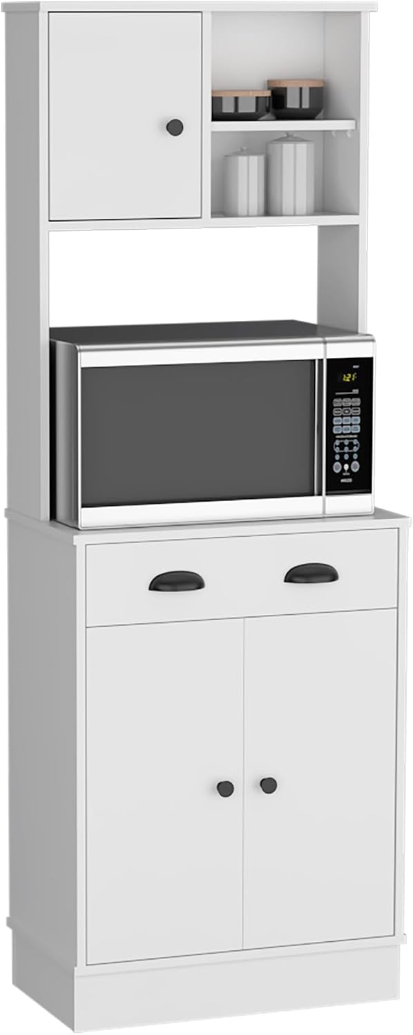 Kitchen Pantry 67" H, Two Cabinets, Three Doors, Two Open Shelves, One Drawer, Microwave Storage Option, White