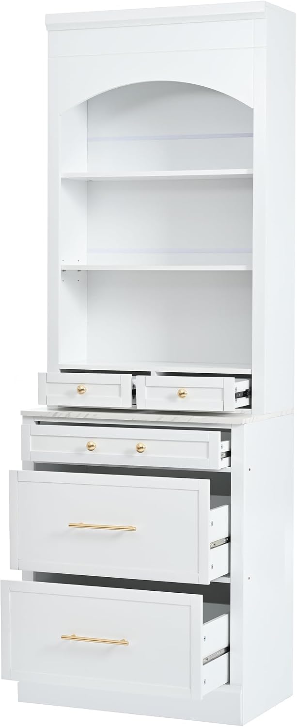 High Kitchen Pantry, Freestanding Tall Kitchen Hutch with Faux Marble Top,Cupboard Cabinet with 5 Storage Drawers and Adjustable Shelf, Set of 2 (White, 2 Pantry)