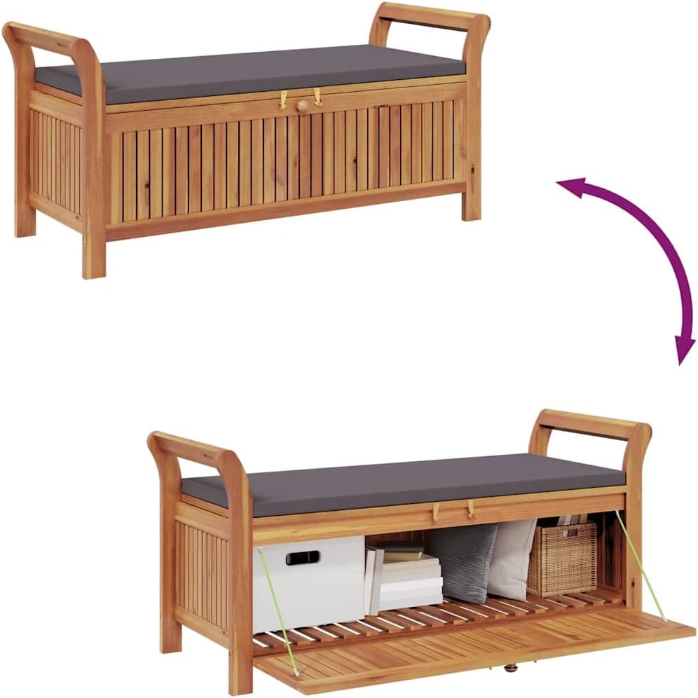 Solid Acacia Wood Patio Storage Bench with Cushion 49.6" Outdoor Garden Seat with Curved Arms and Ample Storage Space for Pillows and Blankets
