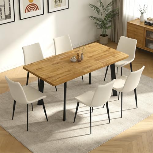 47.2"-63" Expandable Dining Room Table Set for 4-8 People, Walnut | Removable Extension Leaf, Durable MDF Rectangle Top, 6 Beige Sleek Faux Leather Chairs, Heavy Duty Modern Kitchen Table Set