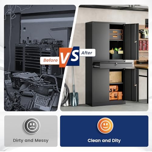 Yizosh Metal Garage Storage Cabinet with Locking Doors and Adjustable Shelves, 71" Tool Storage Cabinet with 1 Drawer for Garage,Warehouse (Black)