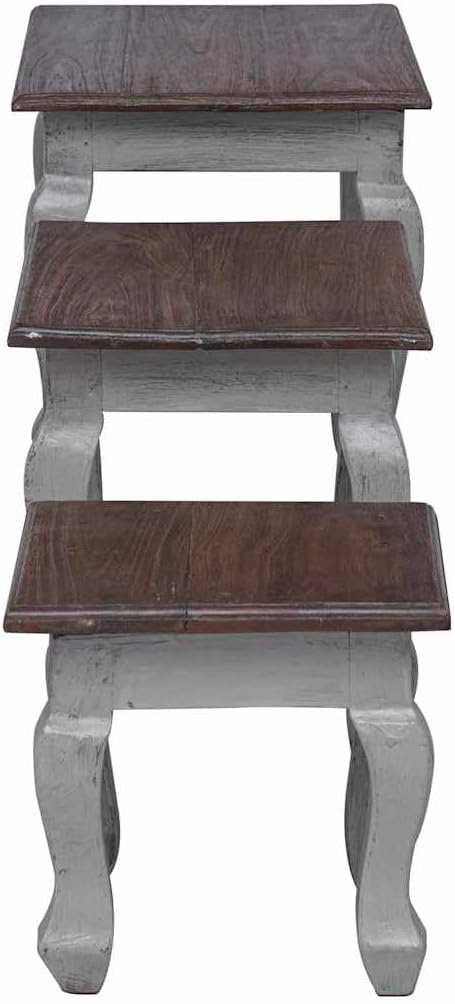 Nesting Table Set 3 Pieces Solid Mahogany Wood | Antique Style, Handmade, Vintage Finish, Space Saving, Living Room Accent