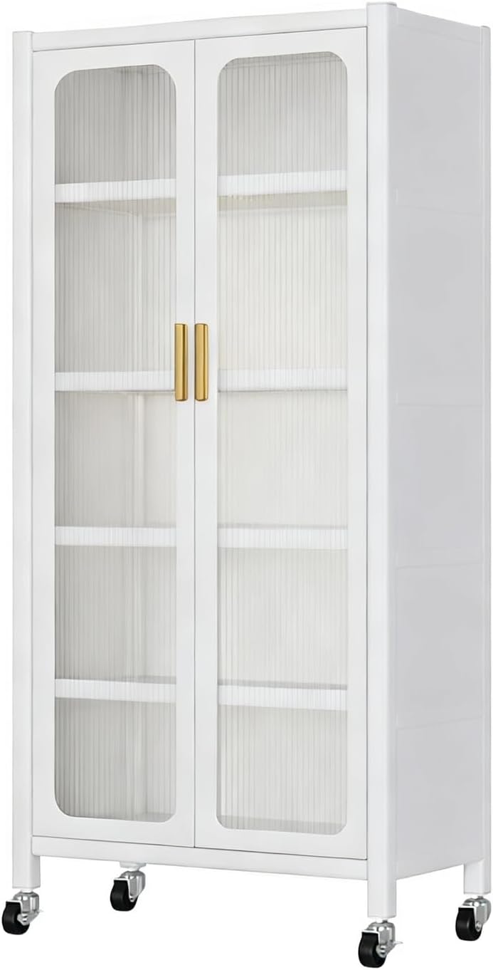 65" Metal Kitchen Cabinet with Transparent Doors, 6-Tier Rolling Pantry Cabinet on Wheels - Sturdy Adjustable Shelves, Mobile Storage Buffet Cabinet for Kitchen, Living Room, Dining Room(White)