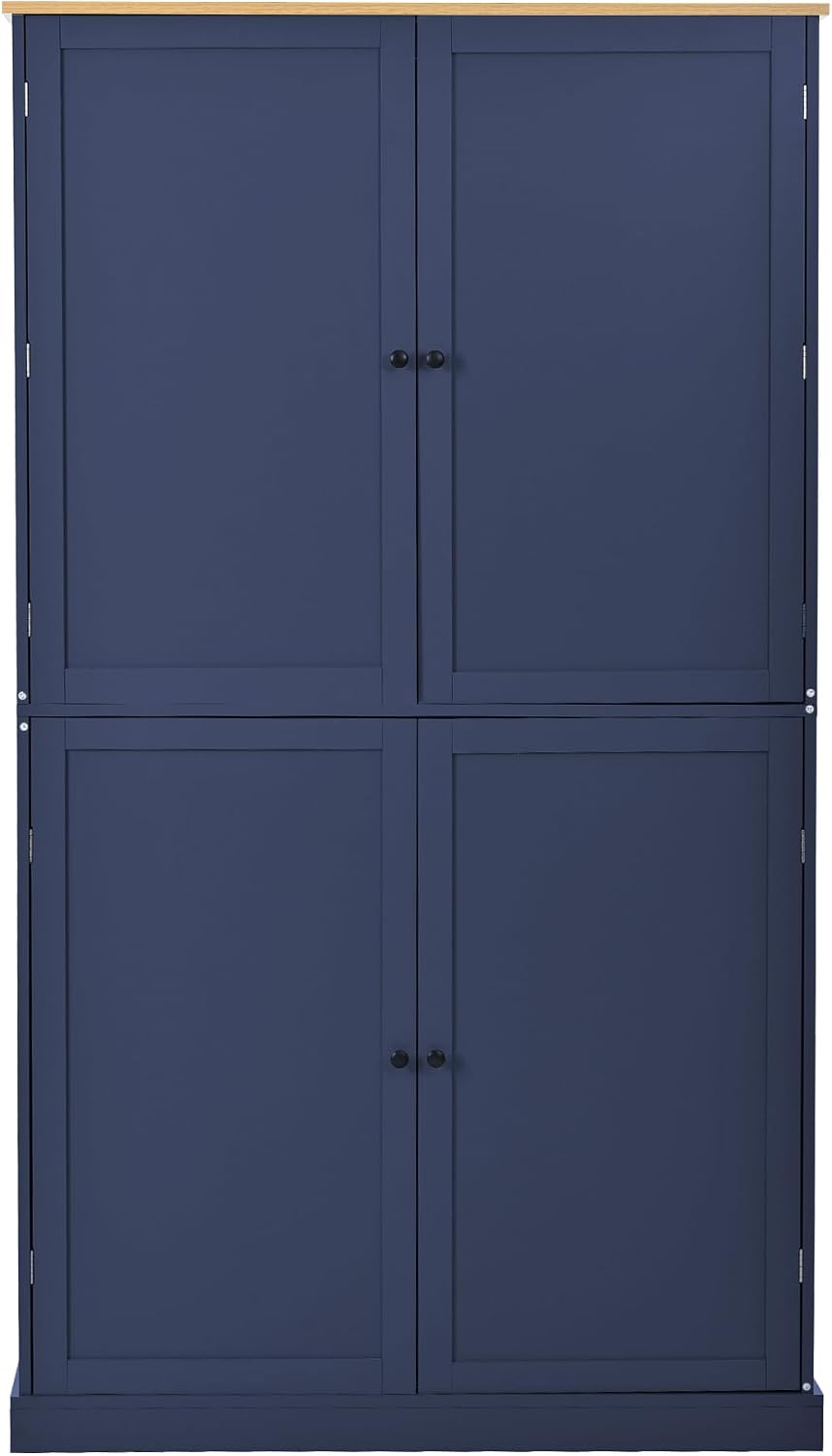 71.3'' Tall Wood Kitchen Pantry, Farmhouse Food Pantry Cabinet with 8 Door Shelves / 2 Drawers, Freestanding Large Cupboard with Adjustable Shelves for Kitchen Dining Room, Blue