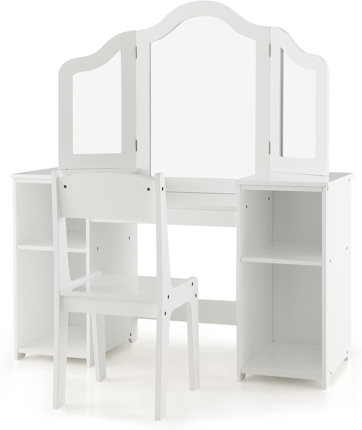HONEY JOY Kids Vanity, Little Girls Vanity Set with Mirror and Stool, Storage Shelves, Wooden Princess Makeup Dressing Table, Toddler Vanity, Pretend Play Kids Vanity Table and Chair Set (White)