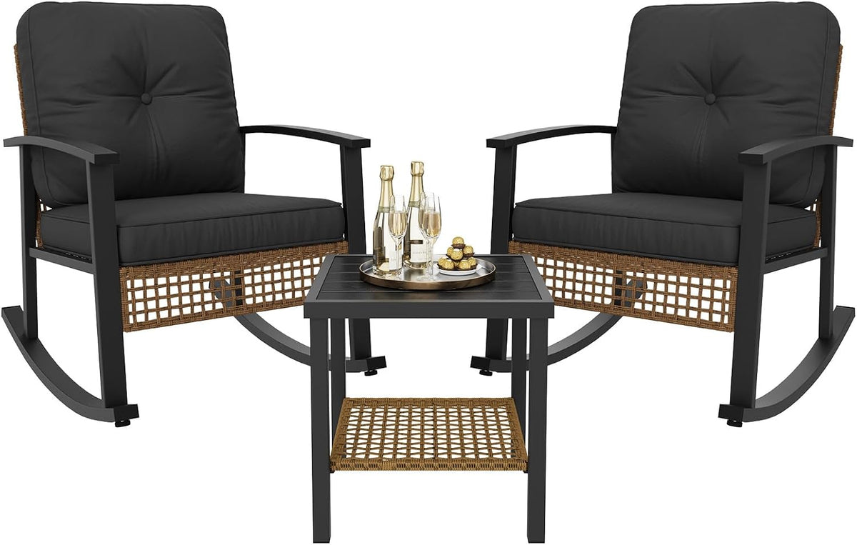 Aoxun 3 Piece Outdoor Rocking Chairs Bistro Set, Rattan Patio Furniture with Thick Cushions & 2-Tier Coffee Table, Patio Rocking Chairs Set of 2 for Garden, Porch, Balcony Black