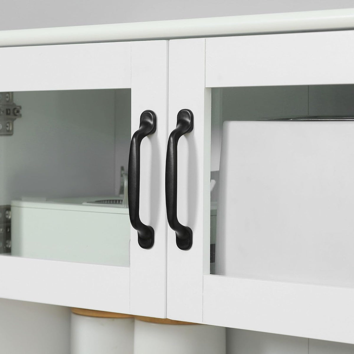 63.5in Premium Elegant 4-Door White Freestanding Kitchen Buffet Cabinet with Hutch Adjustable Shelves & Coffee Bar Modern Design
