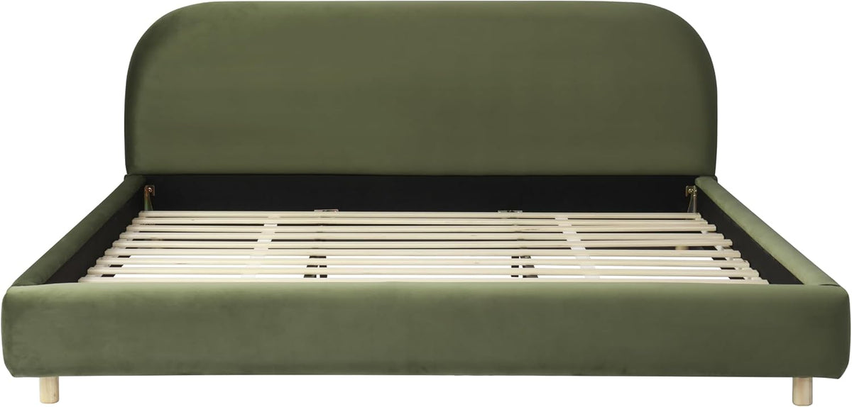 Merax King Boucle Fabric Platform Bed with Curved Headboard, Olive Green