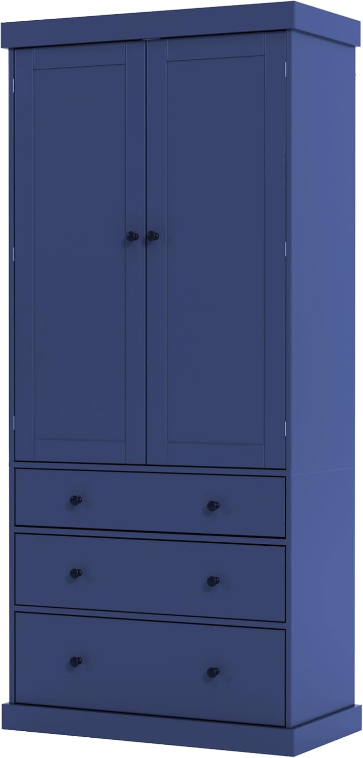 Pantry with 8 Door Shelves and 3 Drawers, 77inch Farmhouse Freestanding Tall Cupboard Storage Cabinet with 3 Adjustable Shelves for Kitchen Room (Blue)
