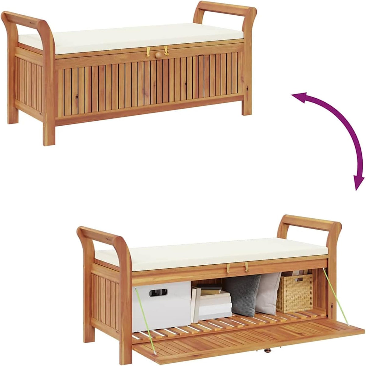 Gecheer Garden Storage Bench with Cushion, Solid Wood Acacia 126 cm Outdoor Seat with Storage Space for Patio Garden Backyard