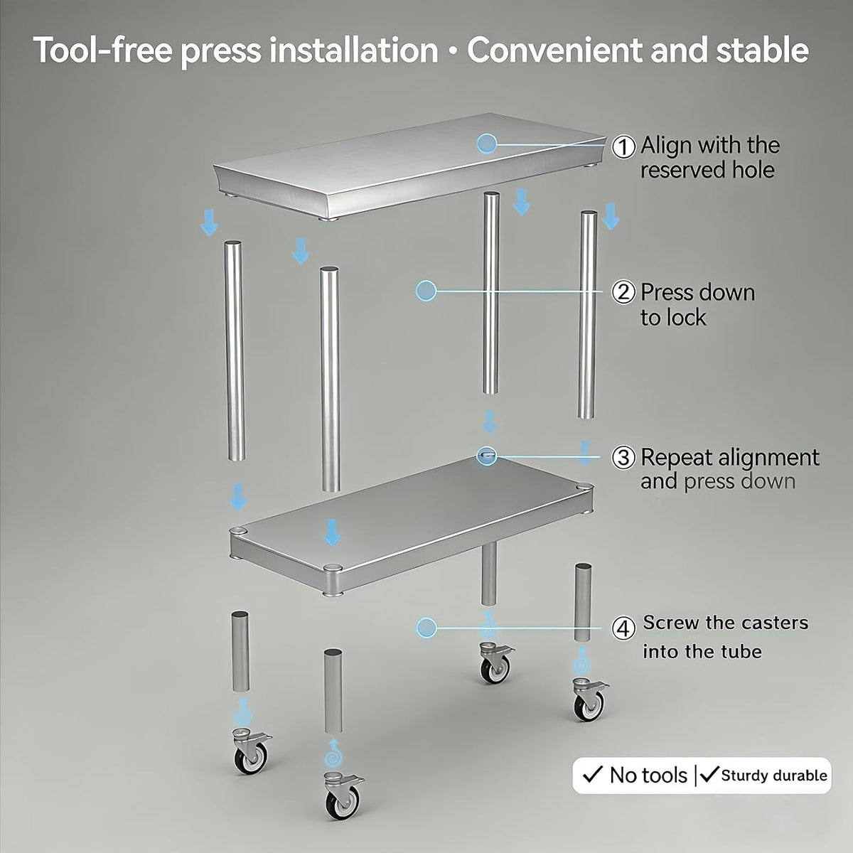 24x48 Stainless Steel Prep Table with Wheels, 1000 lbs, Kitchen, BBQ | Thickened Stainless Steel, 1000-Lb Capacity, Tool-Free Press-Fit Setup, 2-Tier Storage, 4 Locking Casters, 31.5-Inch Height