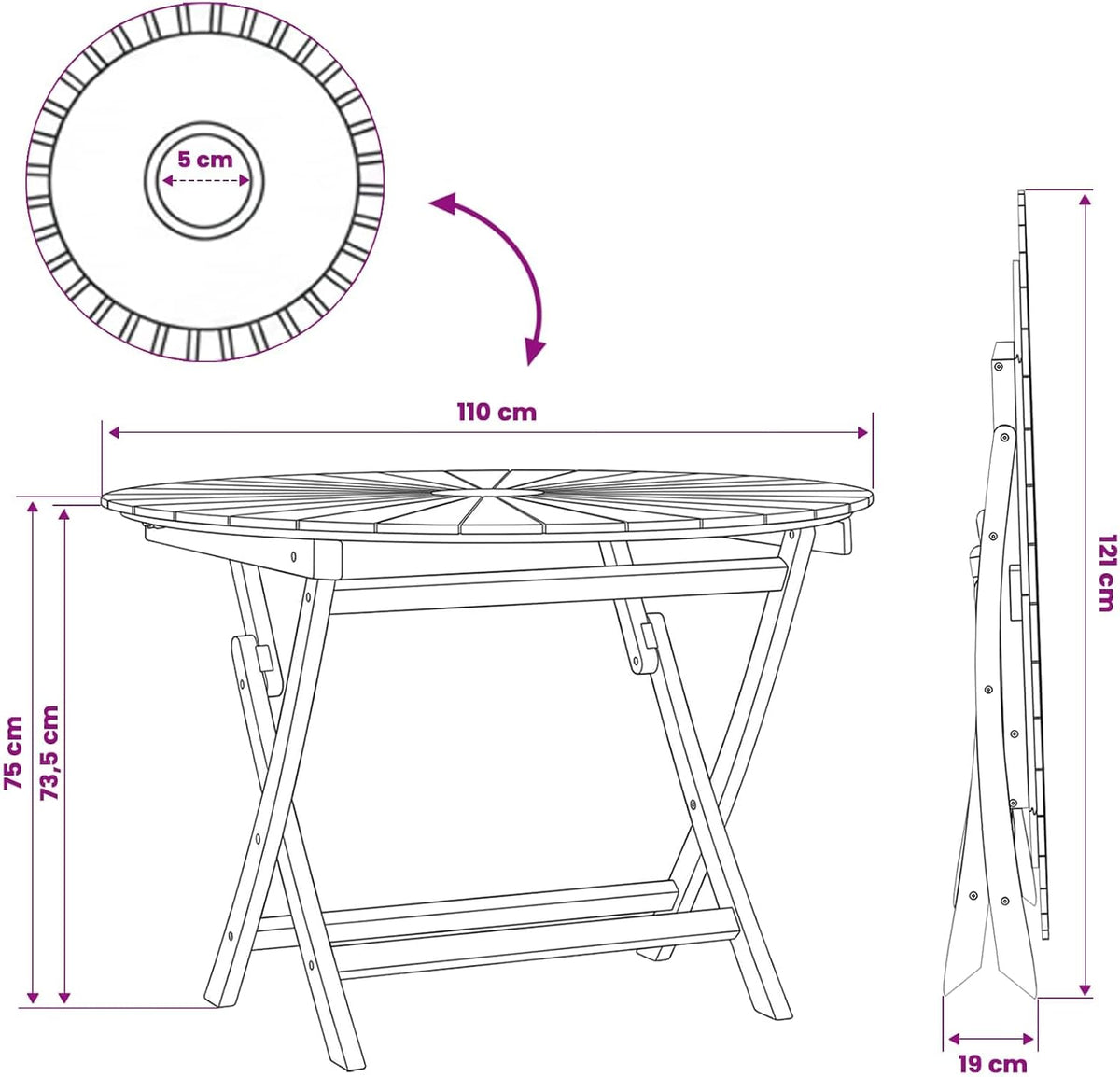 Round Solid Teak Folding Table with Water-Based Finish, 43.31 x 29.53 in, Slatted Top for Drainage, Umbrella Hole, Seats Four for Garden Patio