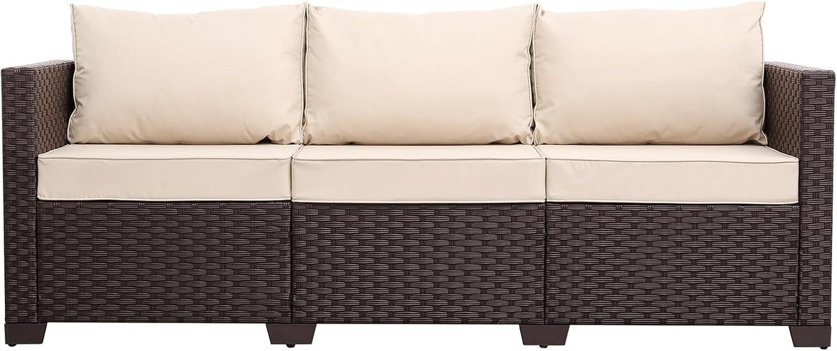 Oasishine Patio Furniture 3-seat Sofa Wicker Outdoor Furniture Outdoor Couch Deep Seat Hight Backrest Non-Slip Cushions, Khaki