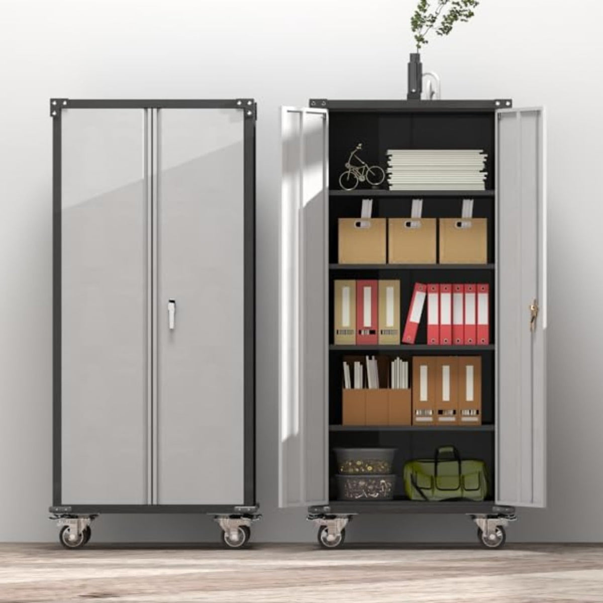 Rolling Garage Storage Cabinet with Locking Door and Shelves, 71''H Lockable Metal Storage Cabinet on Wheels, Steel Tool Cabinet for Warehouse, Basement, Utility Room, Black&Gray