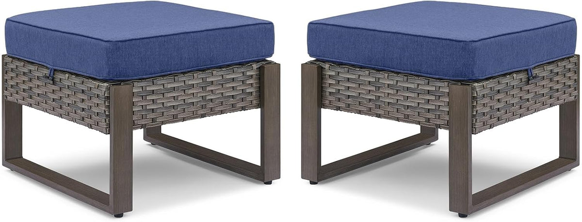 Belord Outdoor Ottomans for Patio - 250 LBS Weight Capacity Wicker Foot Rest Set of 2 with Woodgrain Lacquered Metal Frame Multipurpose Outdoor Foot Stool for Porch Balcony Backyard (Grey/Blue)