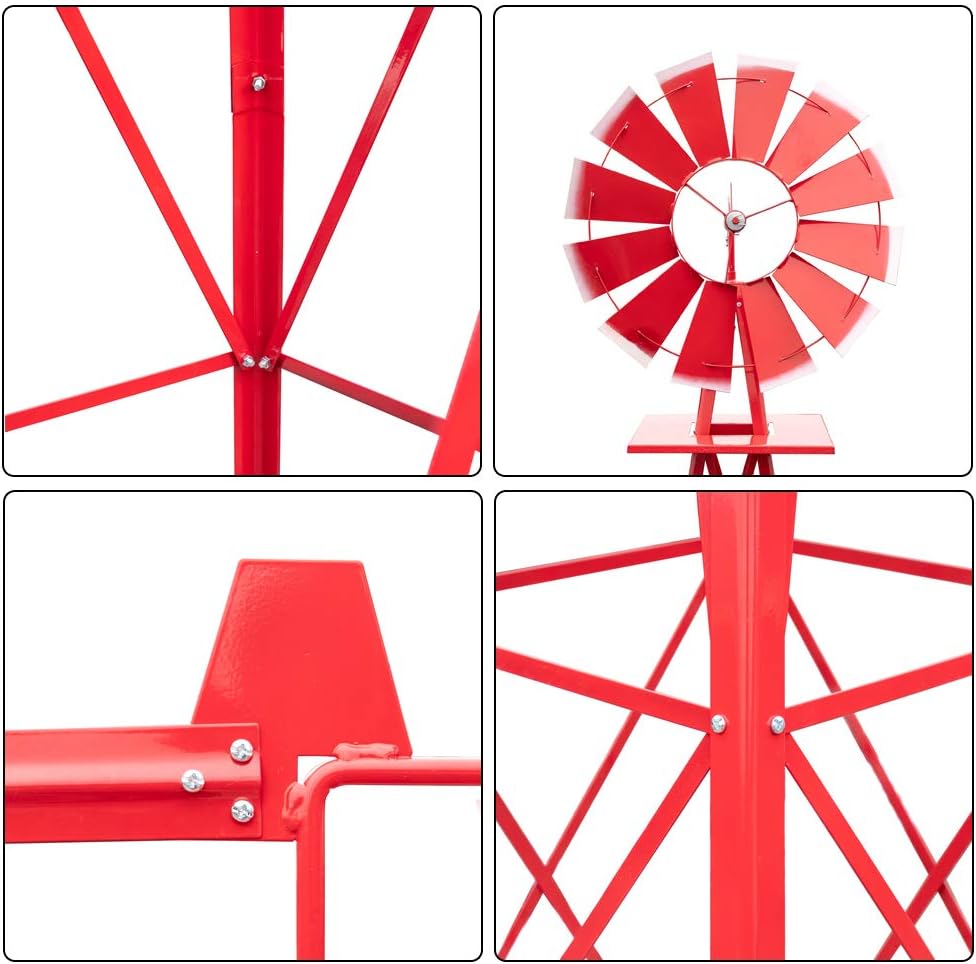 Garden Windmill for Yard Decor, 8 ft Tall Metal Windmill with Spinning Blades, Weather-Resistant Outdoor Windmill for Lawn, Farmhouse, Rustic & Farm Decor, Red