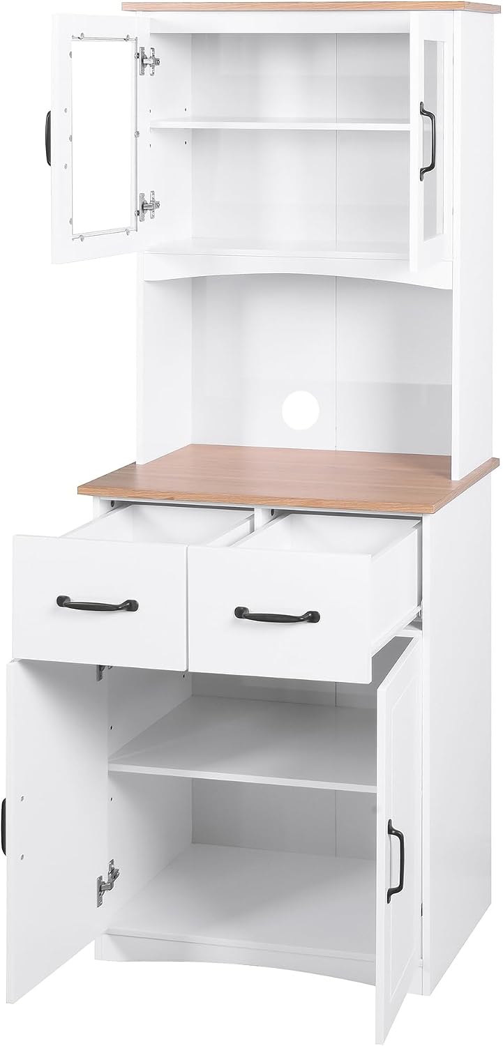 66.9'' Kitchen Pantry Cabinet, White Pantry Storage Microwave Cabinet with Glass Doors, Adjustable Shelves, Drawer, Freestanding Larder Cupboard for Kitchen, Dining Room