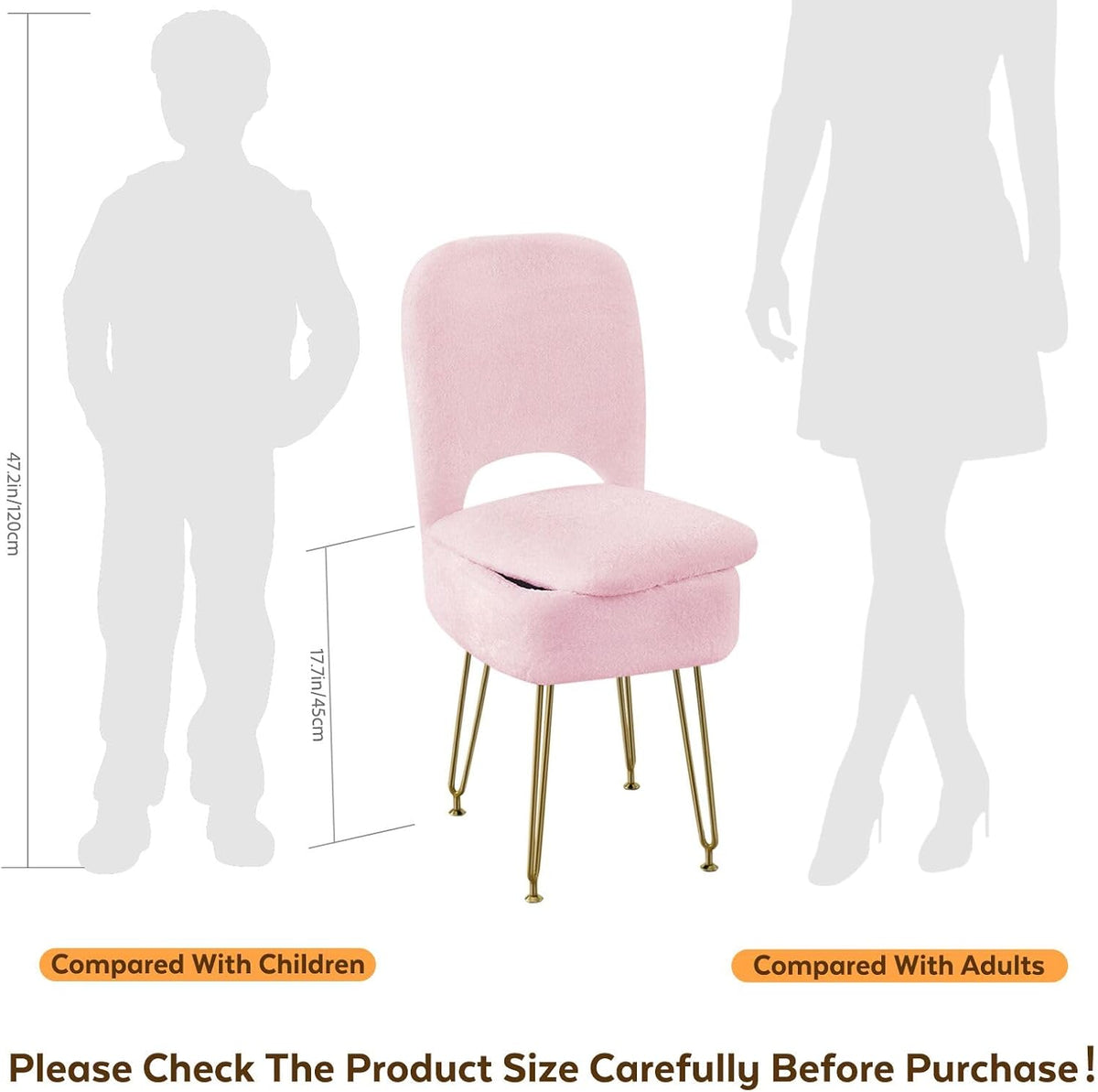 BRIAN & DANY Vanity Chair with Storage and Folding Back, Faux Fur Square Storage Chair, Vanity Stool Chair with 4 Metal Legs for Bedroom, Living Room and Makeup Stations, 13.4"x 15"x 30", Black
