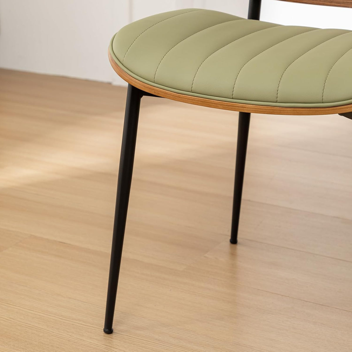 Rattan Dining Room Chairs Set of 4,Mid Century Modern Green PU Leather Kitchen Chair,Upholstered Seat Metal Legs Chairs with Adjustable Foot Pads,Walnut Armless Side Chairs
