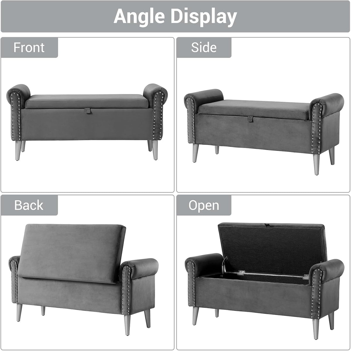 Storage Bench for Bedroom- Grey Velvet Bench with Storage 47" | Featuring Rolled Arms Decorative Nailhead Trim Safety Hinge Large Storage Space for Living Room, Entryway Pet Friendly
