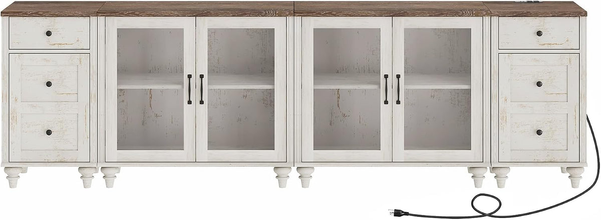 WAMPAT Sideboard Buffet Cabinets with 4-Glass Door, Kitchen Storage Cabinets with Charging Station, Wood Coffee Bar Table with Adjustable Shelf & 2 Drawers for Dining Room, Living Room, Rustic White