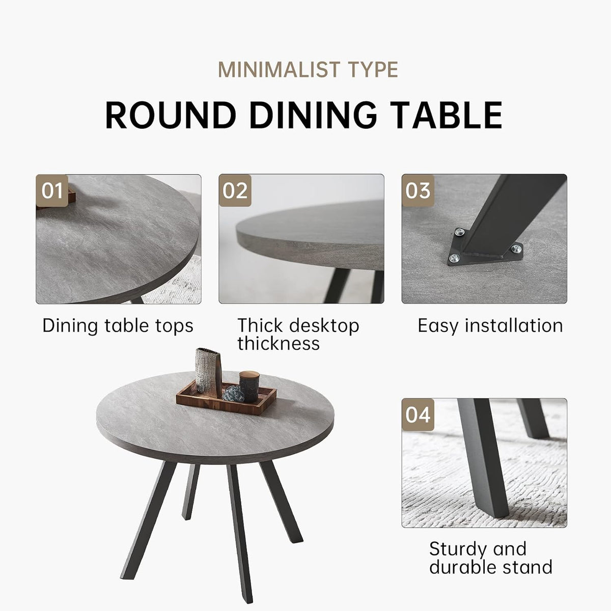 Zerifevni 34.6'' Round Dining Table and Chairs for 4, Mid Century Modern Round Table Set, Space Saving for Apartment Kitchen Dining Room (Grey Table+4 Black Chairs)