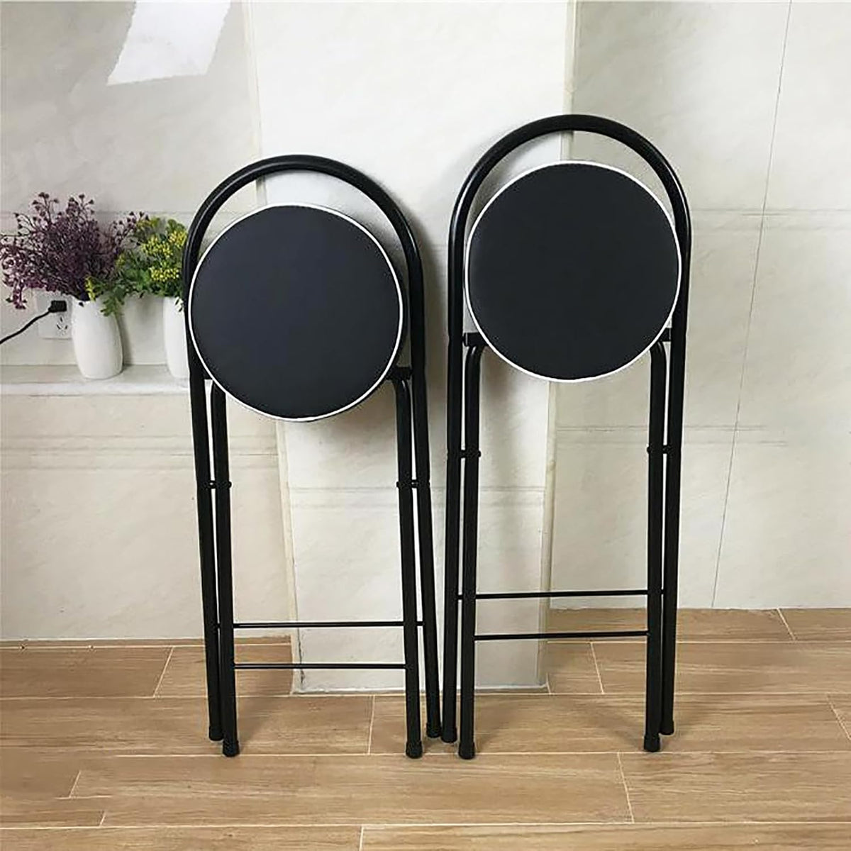 QQXX Folding Bar Stool with Footrest,Leather Padded Folding Kitchen Stool,Portable Counter Height Foldable Stool Tall Bar Stools for Outdoor Kitchen Shop Cafe(2 Pc, White Seat Height 25.5")