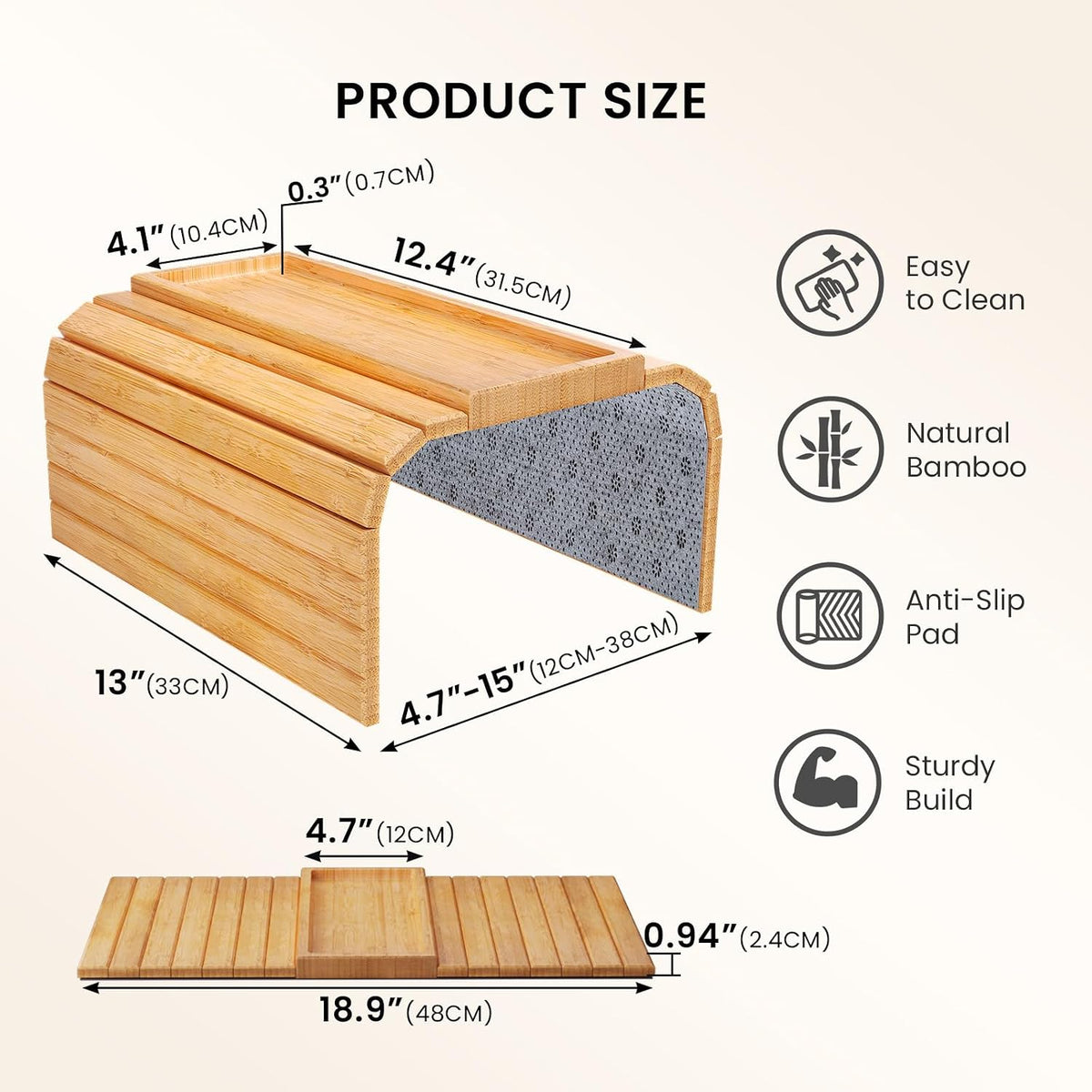 2 Pack Sofa Arm Tray,Bamboo Folding Couch Arm Tray,Sofa Armrest Tray with Anti-Slip Pad for Drinks,Snacks,Phone,Remote Control(Natural)