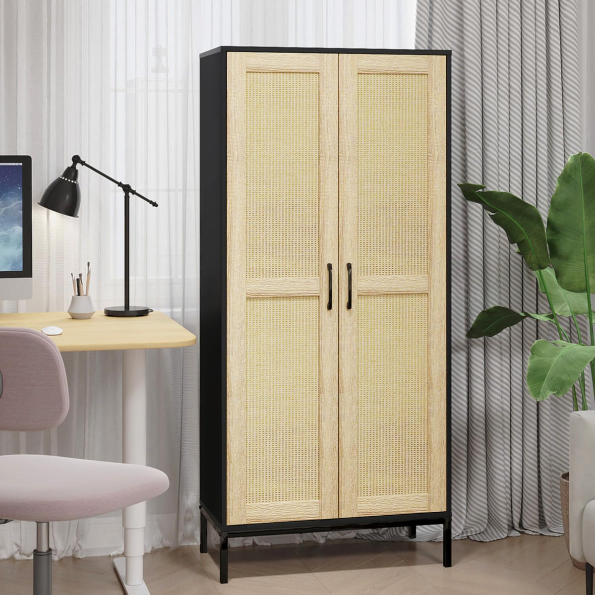 60" Tall Kitchen Pantry with 2 Rattan Doors and 3 Adjustable Shelves,Freestanding Cupboard Storage Cabinet for Kitchen, Laundry Room, Dinning Room and Living Room,Black