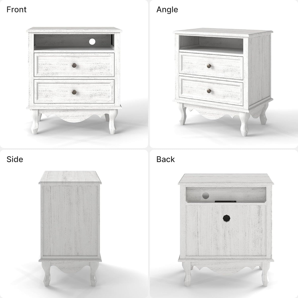 Solid Wood Nightstands Set of 2, Fully Assembled Night Stand with 2 Drawer & Open Shelf Storage, Bedside Table with Charging Station, Mid-Century Modern End Table for Bedroom, White