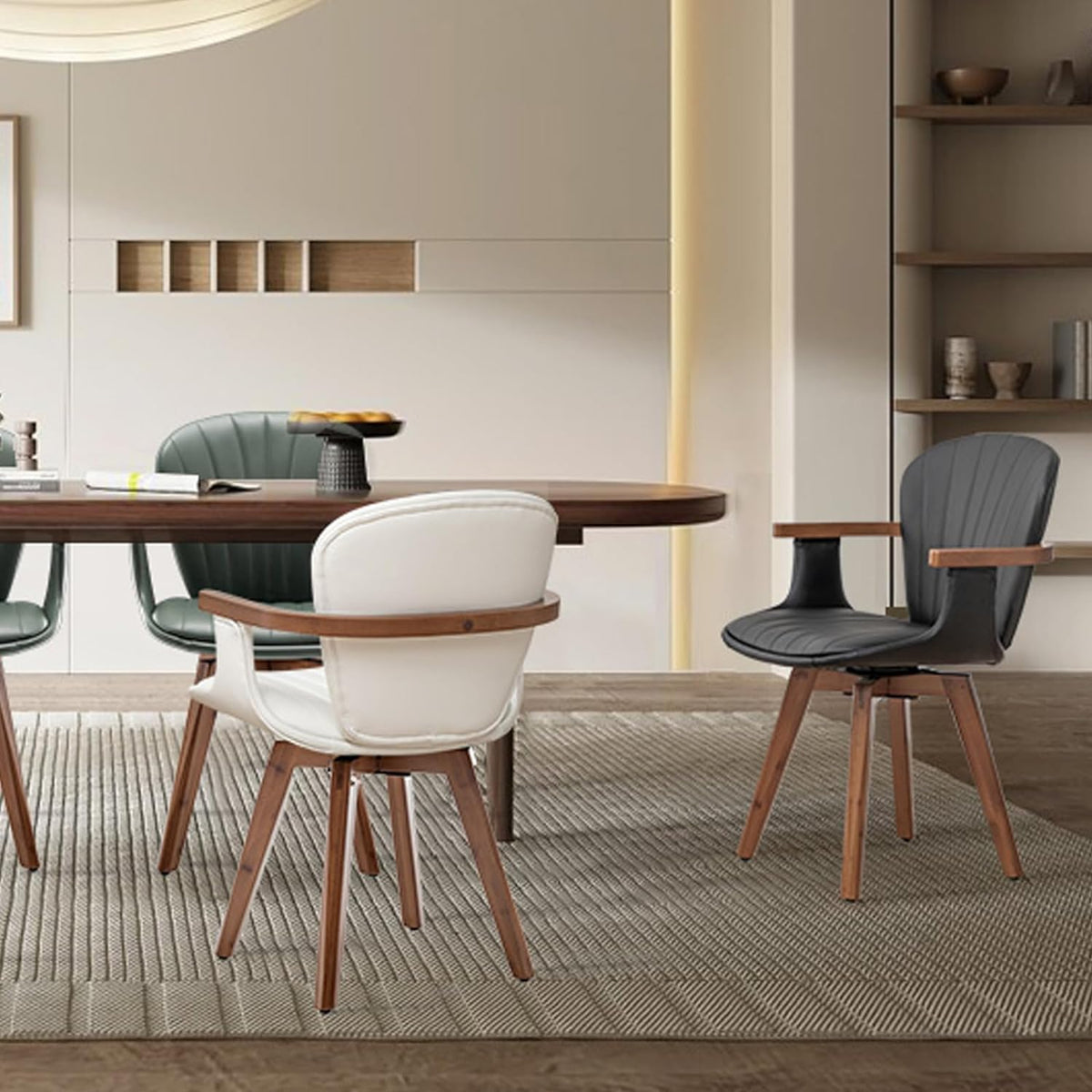LUNLING Swivel Dining Chairs, Mid Century Modern White Faux Leather Kitchen Chairs with Arms,Bamboo Legs Side Chairs No Wheels,Accent Chair for Dining Rooms and Offices,1PCS