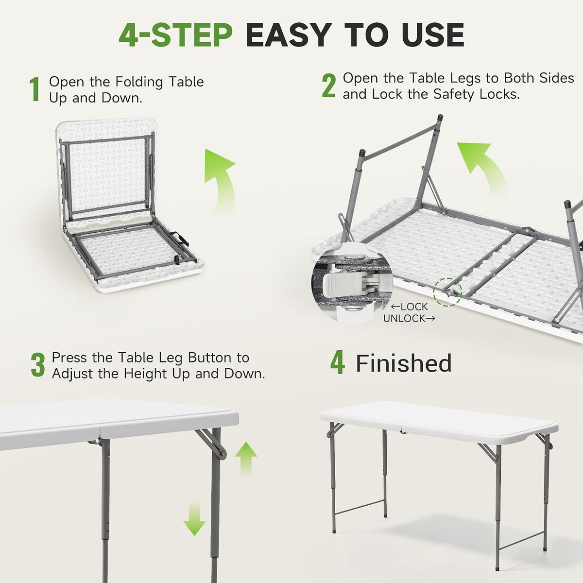 Folding Table 4 Foot with Black Table Cloth- 3-Position Adjustable Height, Heavy Duty 400 lbs Capacity - Portable Tables Folding for Camping, Party, Indoor & Outdoor Use, 2 Pack