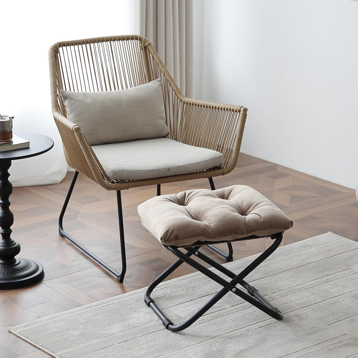 LITA Folding Footrest Stool, Portable Ottoman Foot Rest, Upholstered Small Foldable Ottoman Stool with Detachable Thick Cotton Cushion Padded Sofa Stool for Living Room, Bedroom, Khaki