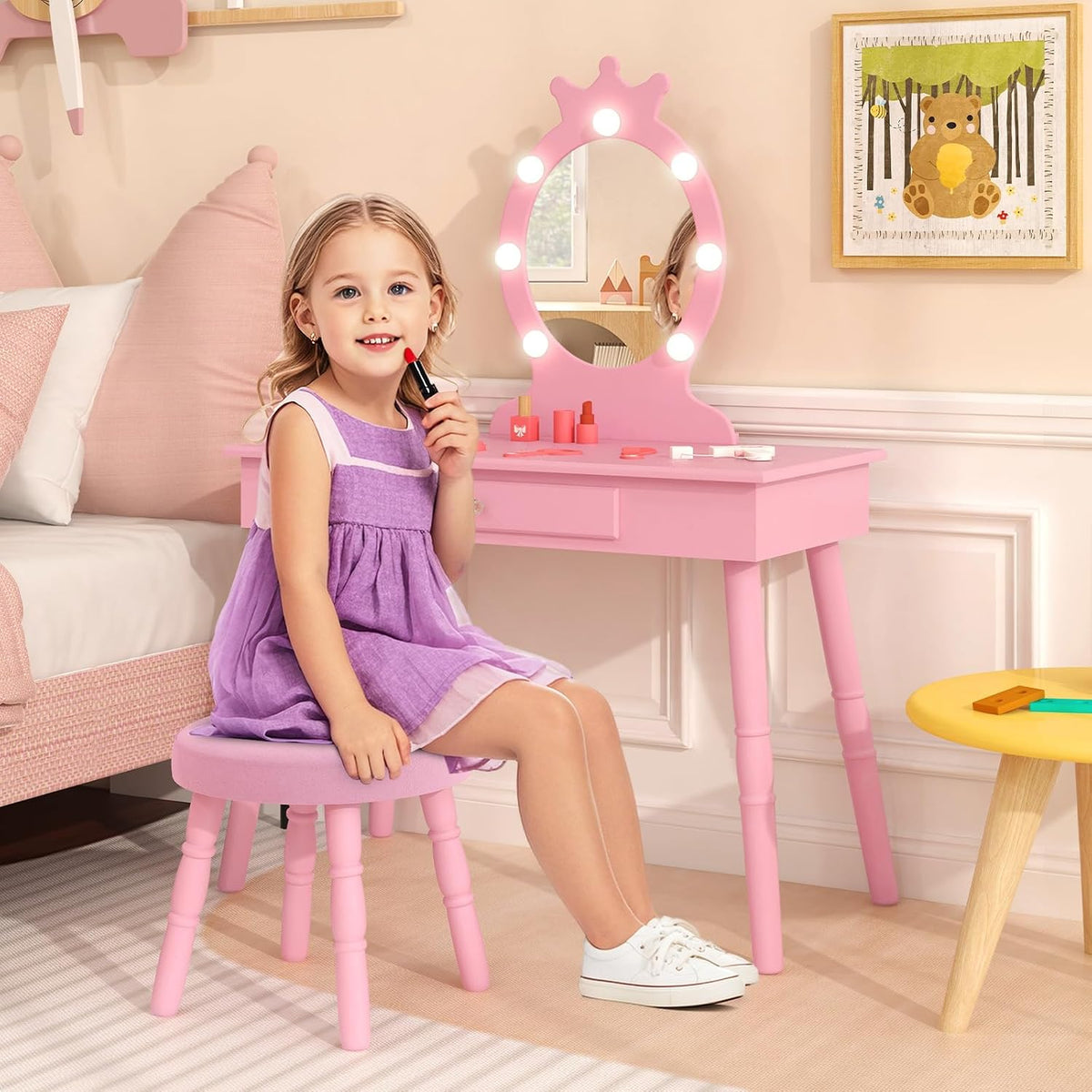 HONEY JOY Kids Vanity with Lights, Princess Wooden Makeup Table & Stool with Drawer, 3-Color LED Lights, Toddler Dressing Vanity for Little Girls, Pretend Play Kids Vanity Table and Chair Set (Pink)