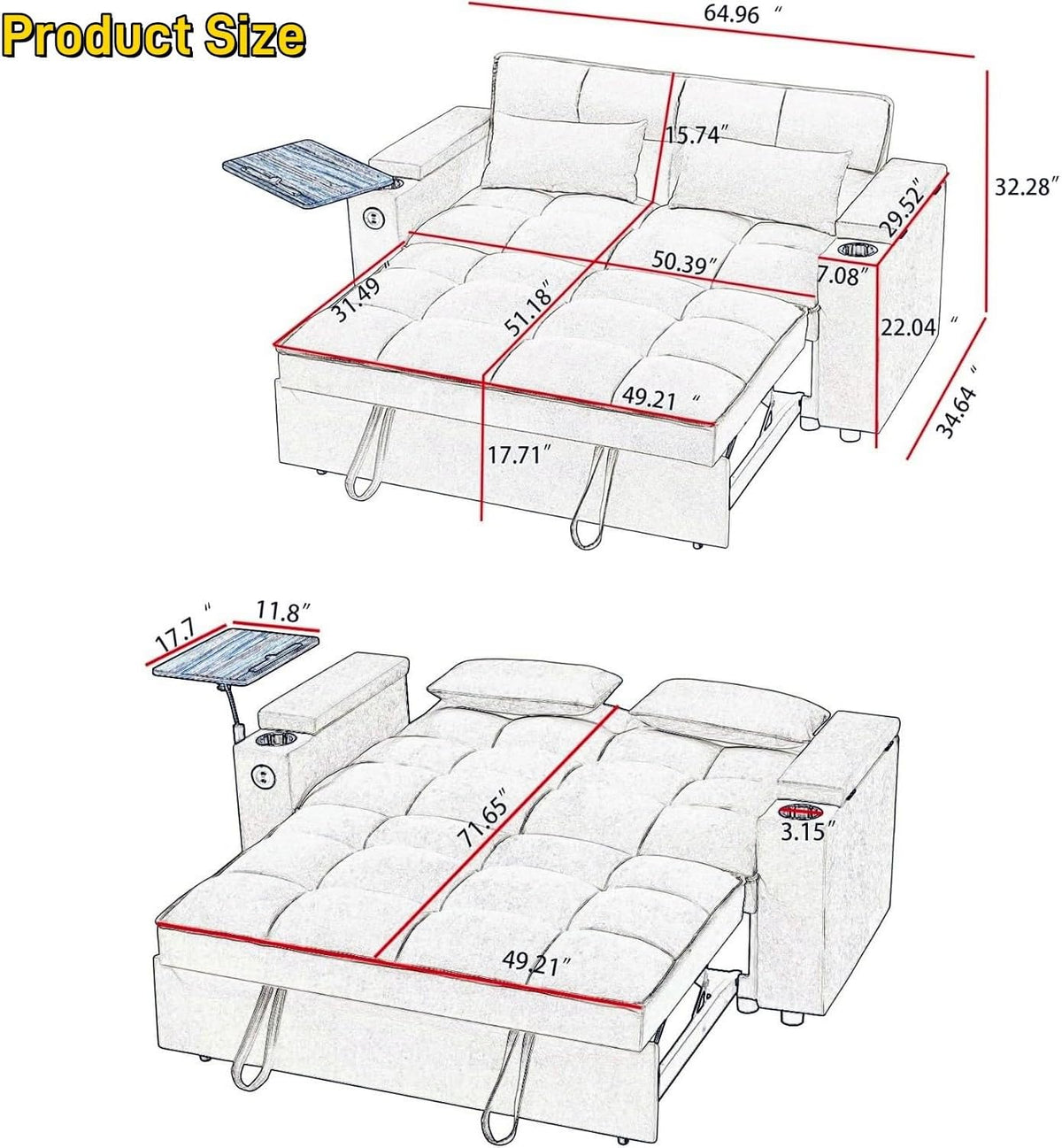 oaaktu Large Size Convertible Sleeper Sofa Bed,Polka dot Velvet Pull Out Futon Couch with Storage handrails & Rotating Side Tables,Convertible Sofa Couch for Living Room,RV (Coffee)