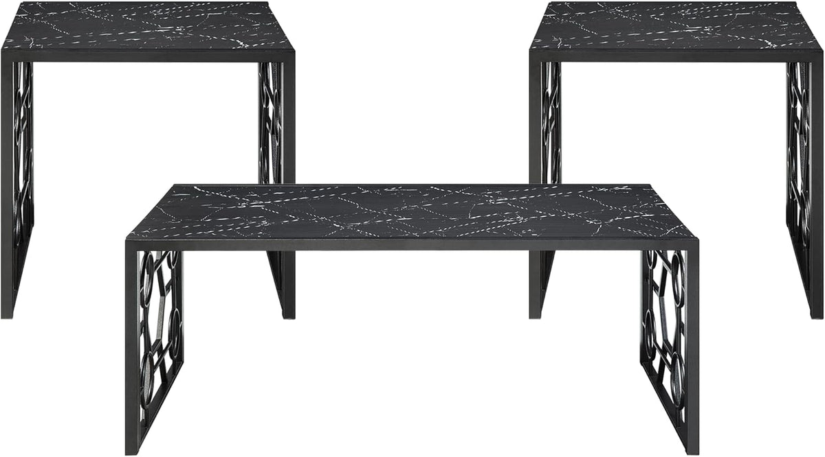 Polay 3pc Stylish Occasional Table Set Marble Print Tempered Glass Top | Features marble print tempered glass tops, metal base with lower shelf for storage. Ideal for modern living room, office