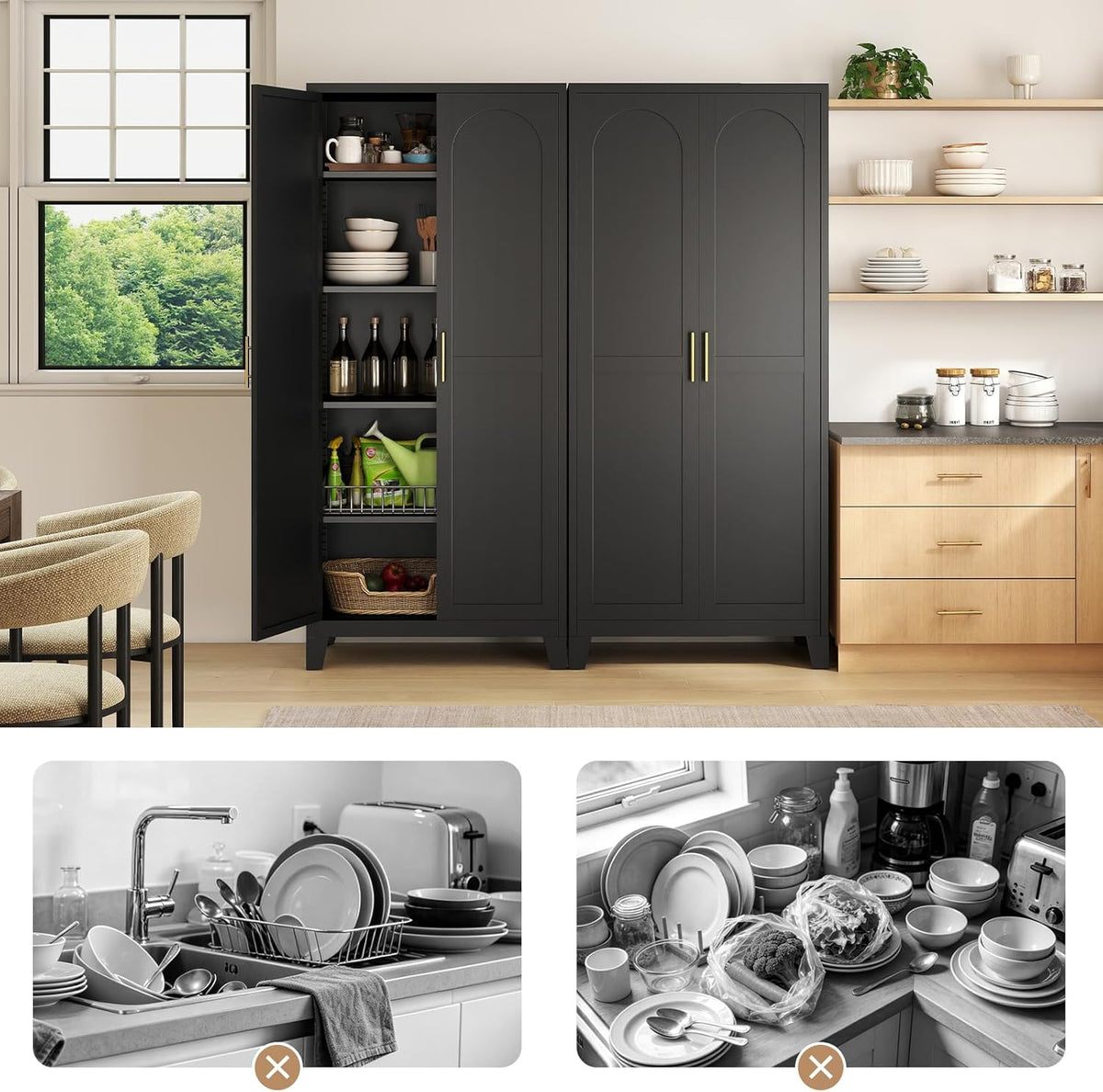 Zevemomo 70.87" H Metal Kitchen Pantry Cabinet, Freestanding Cupboard with 2 Doors and 4 Adjustable Shelves, Tall Metal Storage Cabinet for Kitchen, Bathroom, Dinning Room or Laundry Room (Black)