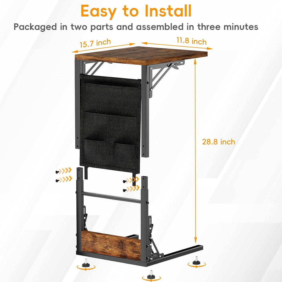 Kufutee Folding TV Tray Table, Small Folding Side Table with Storage Bag, Portable C Shaped End Stand for Couch Sofa Bed, Rustic Brown