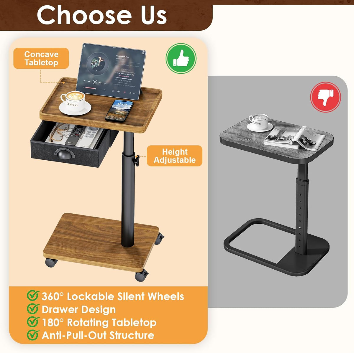 Cutogxon TV Tray Table with Wheels & Drawer,Adjustable Height C Shaped End Table for Eating,End Table with Swivel Top for Small Spaces, Sofa Side Table for Bedroom & Living Room(Walnut Brown)