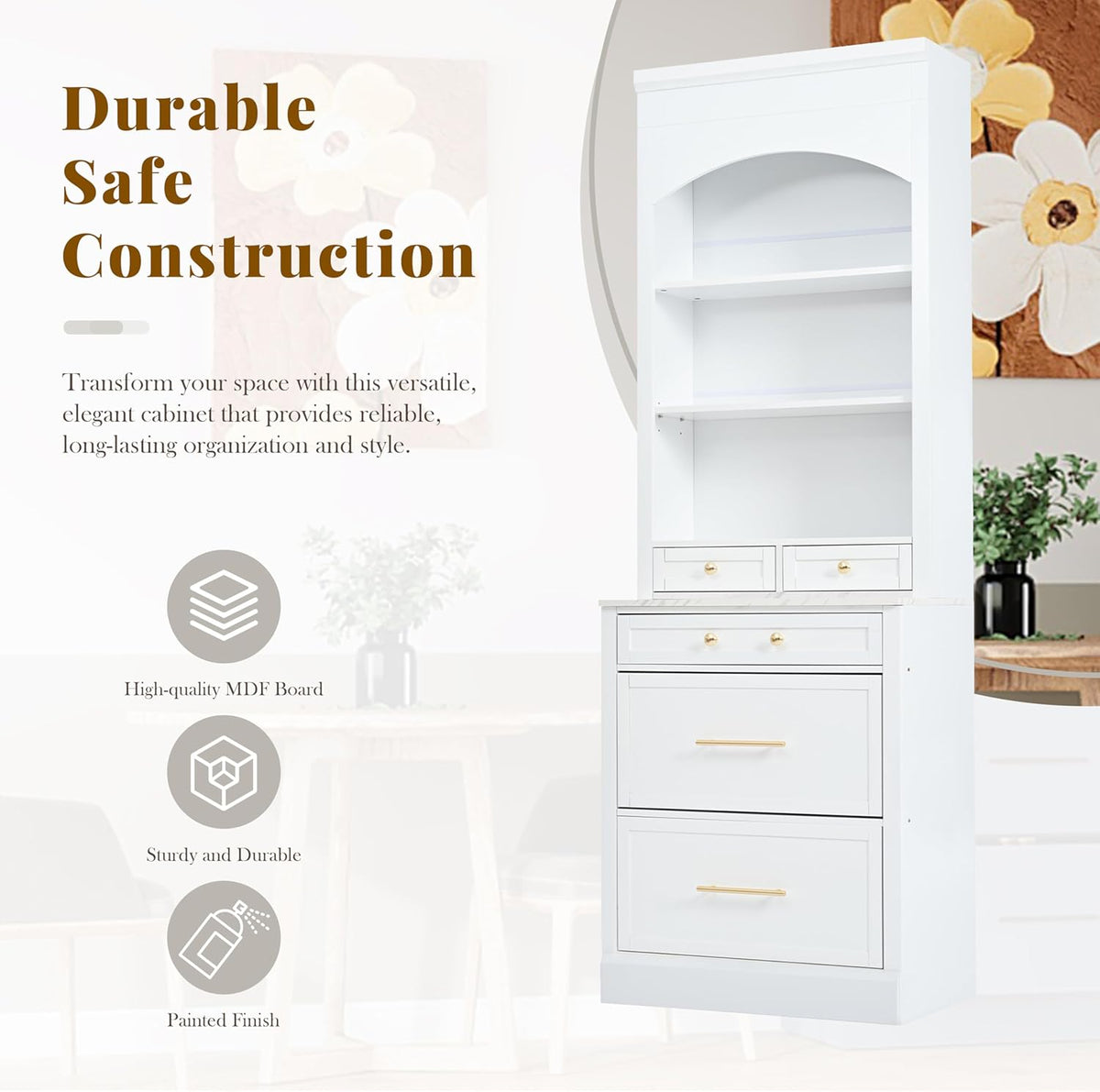 Set of 2 Tall Kitchen Pantry Storage Cabinet with Faux Marble Top, Freestanding Pantry Cabinet with 5 Storage Drawers and Adjustable Shelf Modern Kitchen Hutch Display Cupboard Food Cabinets, White