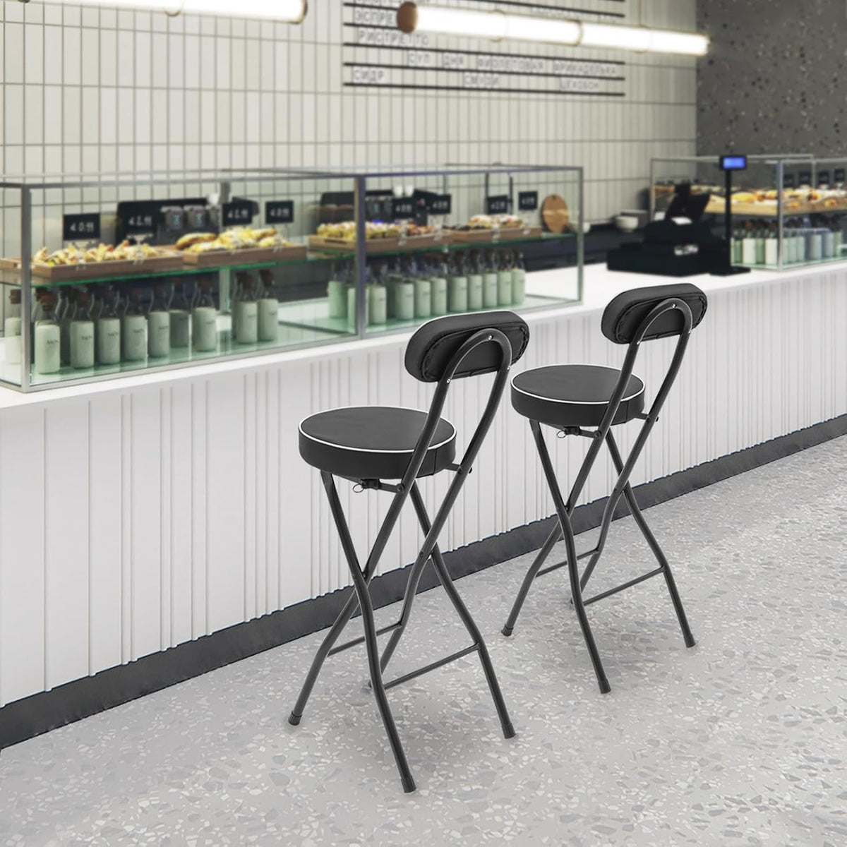 2 PCS Folding Bar Stool with Back, Tall Foldable Stool, Portable Stools Counter Height Foldable Stools Chairs Collapsible Stool for Kitchen Bar Shop Cafe (Black)