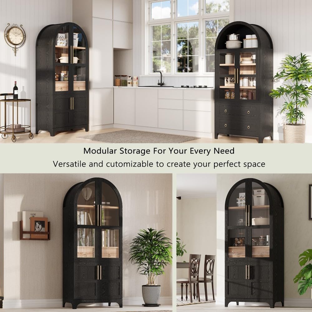 71" Tall Arched Kitchen Pantry Cabinet with Door Shelves, Farmhouse Kitchen Storage Cabinet with Open & Adjustable Shelves, Hidden Drawer & Glass Door, Cupboard for Kitchen, Dining Room, Black