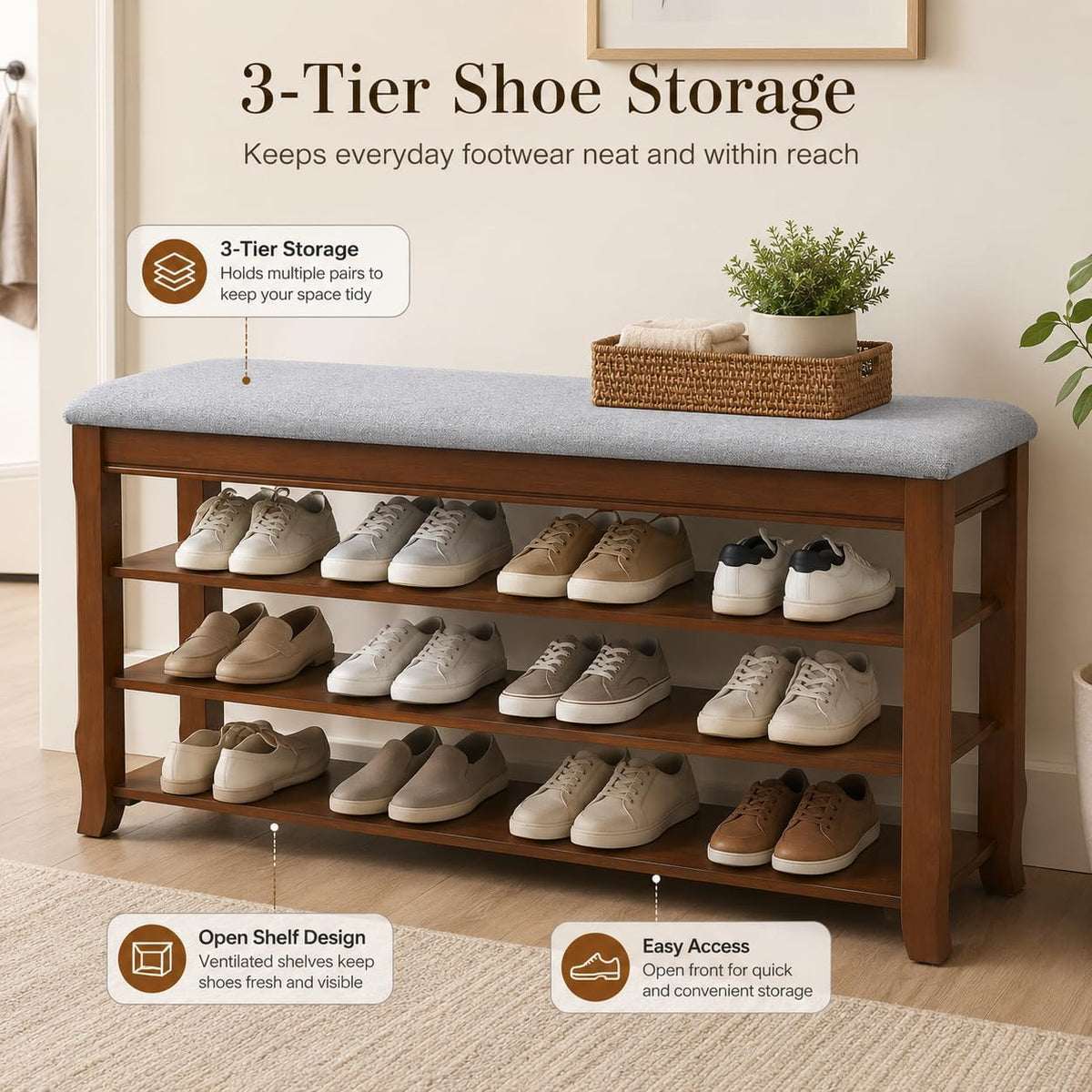 SolidWood Entryway Shoe Rack Storage Bench, Flip-Top Soft-Close Lid, 39.4'' | 550 lbs Max Load, Adjustable Shelves, Cushioned Entryway Shoe Organizer for Closet, Hallway, Foyer