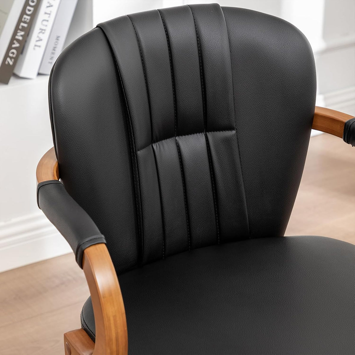 Swivel Dining Chairs Mid Century Modern Black Faux Leather Upholstered Kitchen Chairs with Bentwood Frame Armrests Side Chairs,Comfortable Ergonomic Wood Accent Chair No Wheels,1PCS