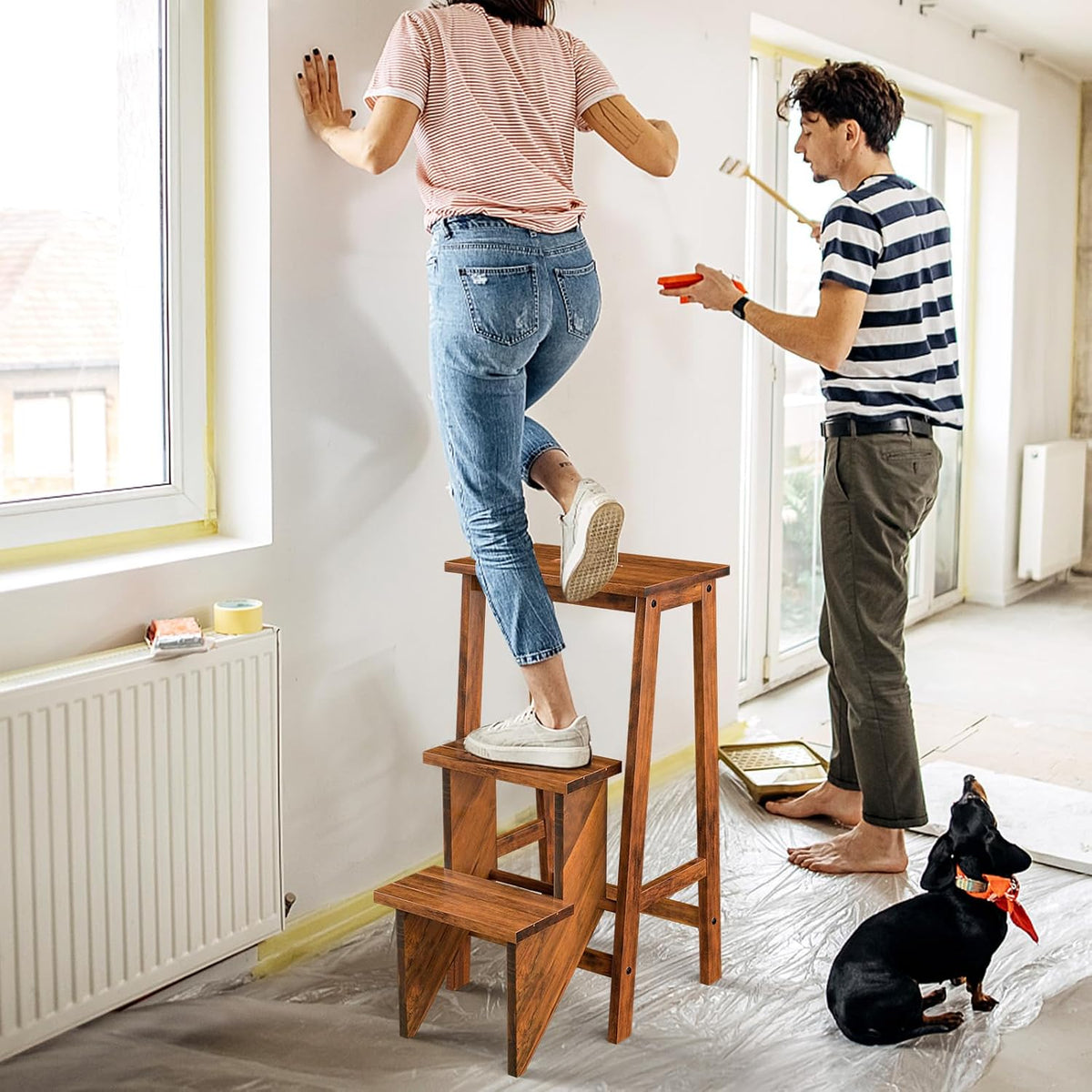 Giantex 3 Tier Folding Step Ladder, Multifunction 3-in-1 Wood Step Stool, Display Ladder and Storage Shelf for Library, Home Kitchen, Household Work, Coffee